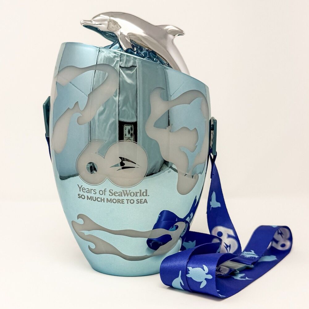 SeaWorld 60th Anniversary Chrome Dolphin Light Up Souvenir Popcorn Bucket Sealed - Picture 2 of 7